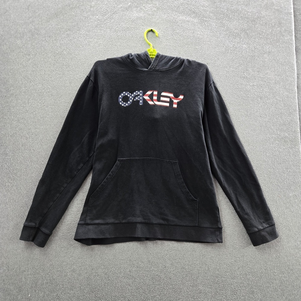 Oakley Men Hoodie XL‎ Black Graphic Fleece Flag Logo Long Sleeve
